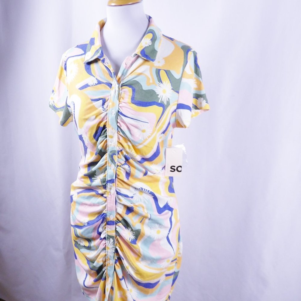 SO Ruched Button Down Juniors Bodycon Dress Retro Look Floral Print NWT - Picture 6 of 8